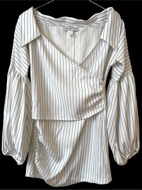 Revolve Maurie + Eve Pinstriped Wrap-Style Mini Dress Sz 6 White/Black Old Money